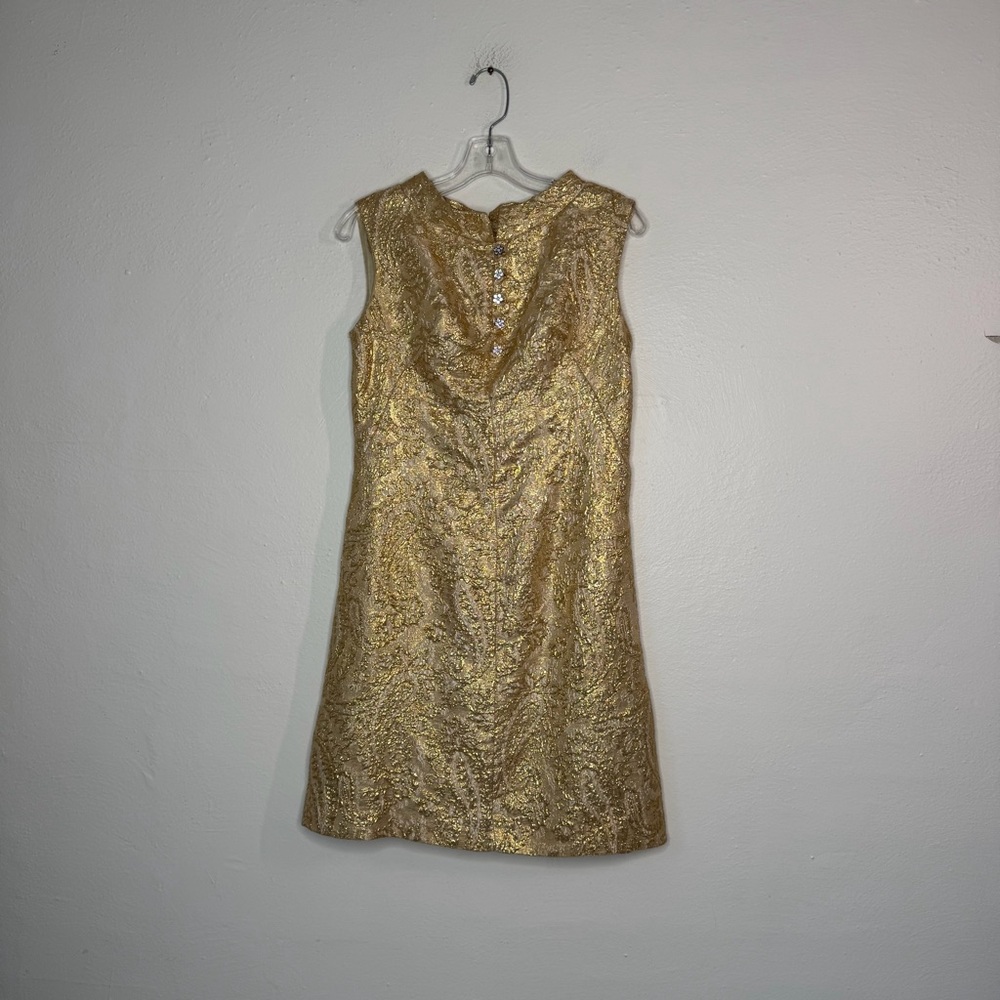 Vintage 1960 Gold Damask Lamé Sleeveless Shift Dress